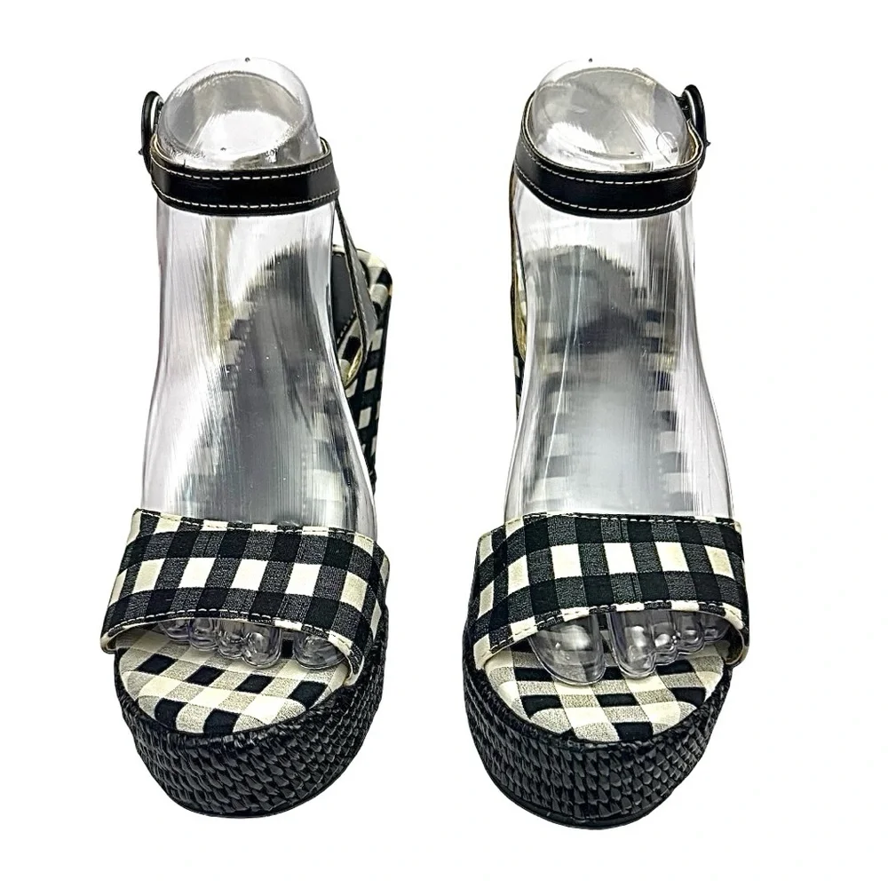 Save The Queen Wedge Sandals Black White Fabric Checks EU 37 US 7 Made In Italy